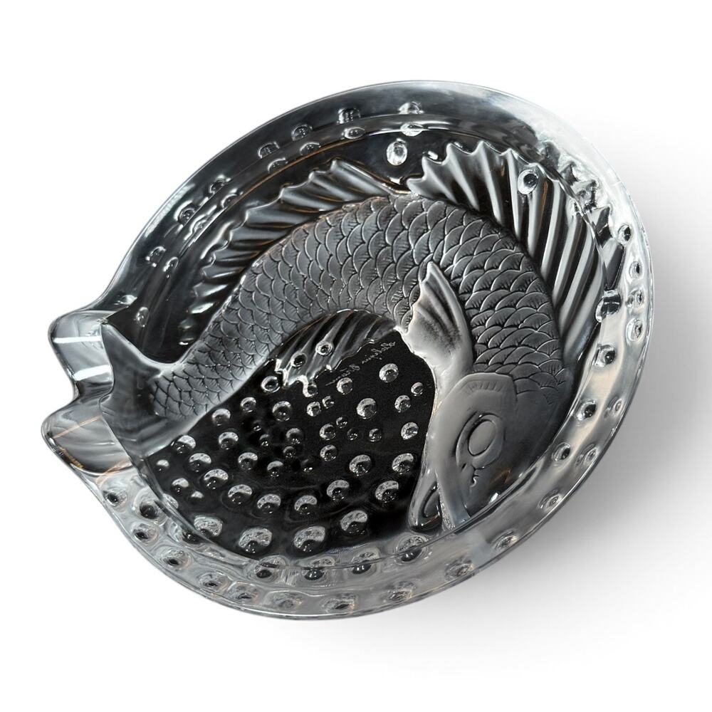 Lalique France Signed ART GLASS Concarneau Koi Fish Dish / Cigar Ashtray Vintage